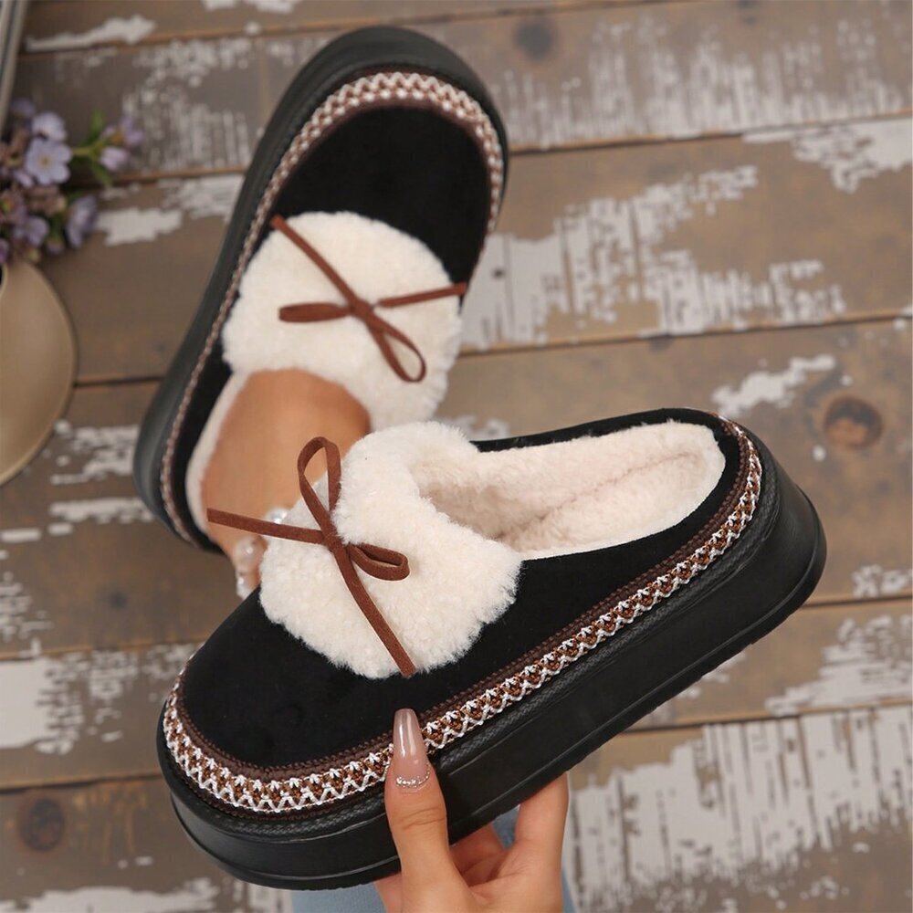 Black Casual Women's Thick Flat Suede Shearling Slippers